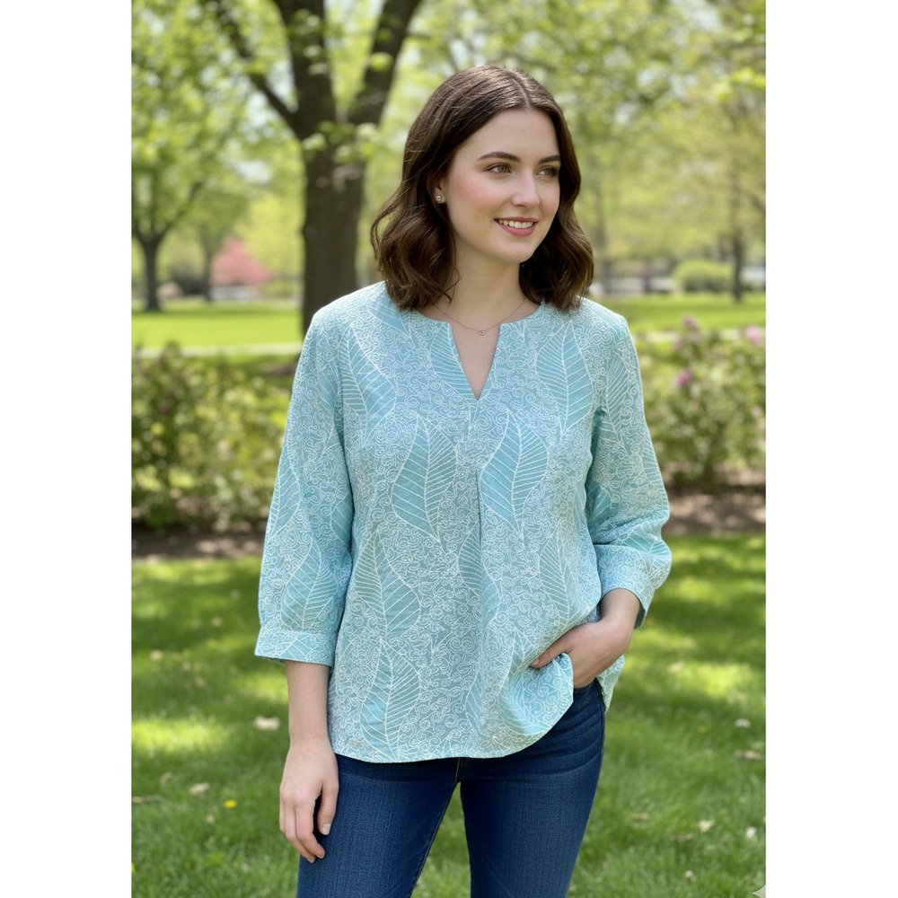 J. Jill A line Popover Top Womens‎ 3X Blue Cotton Rope Embroidery Notch Neck